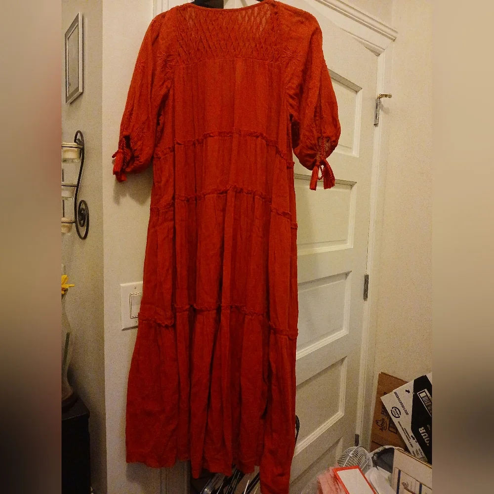 Free People Embroidery Celestial Skies Midi Dress W/Tassels In Burgundy XS - Picture 2 of 9